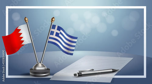 Bahrain and Greece National flags on small table with bokeh background, cooperative relationship