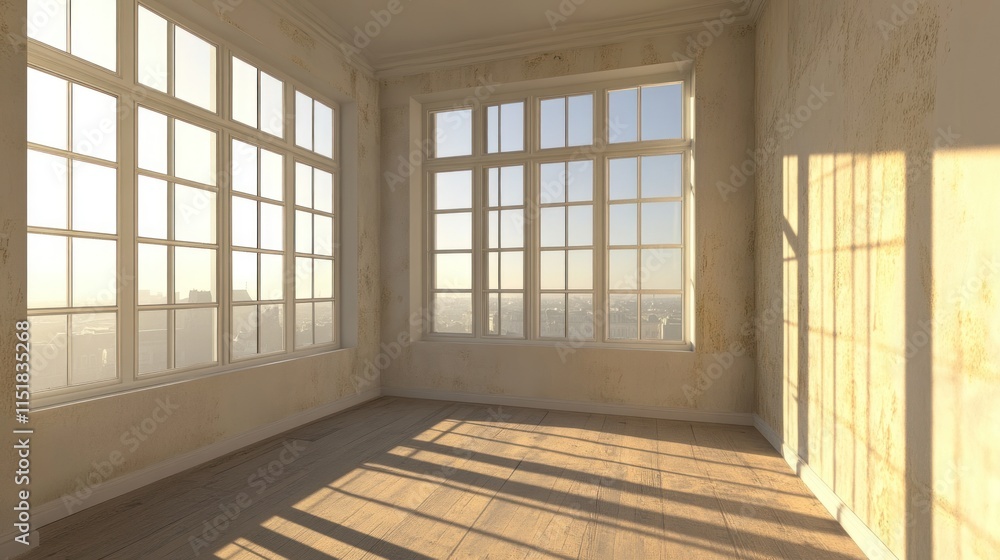 Sunlit Empty Room with City View Sunlit Empty Room with City View