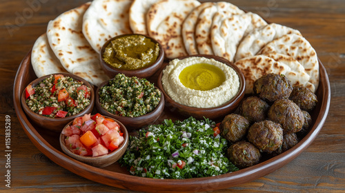 Traditional Lebanese mezze platter with hummus, tabbouleh, and falafel