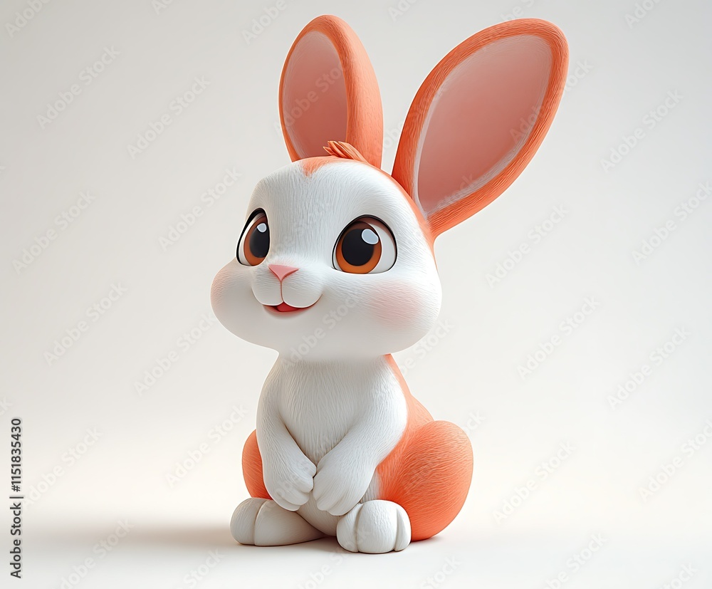 Fototapeta premium Adorable cartoon rabbit sitting, orange and white fur, big eyes.