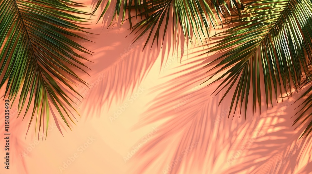 Palm leaves create a striking visual on a bright peach background, casting shadows that enhance the tropical feel. Ideal for designs needing elegance and natural beauty, with ample copy space. Palm leaves create a striking visual on a bright peach background, casting shadows that enhance the tropical feel. Ideal for designs needing elegance and natural beauty, with ample copy space.