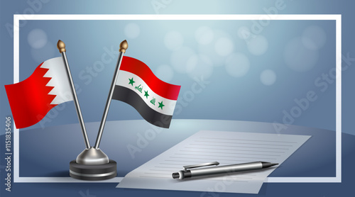 Bahrain and Iraq National flags on small table with bokeh background, cooperative relationship