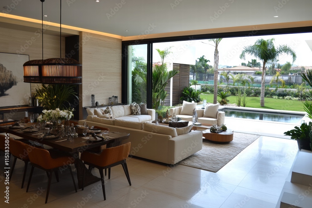 Fototapeta premium Modern Luxury Living Room with Pool View