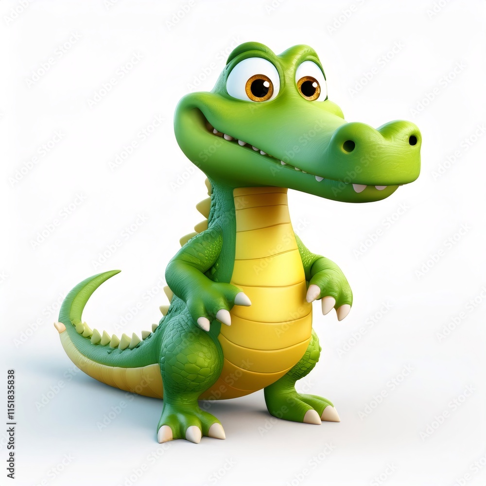 Fototapeta premium Smiling green cartoon crocodile standing playfully, radiating cheerful mood on crisp white background