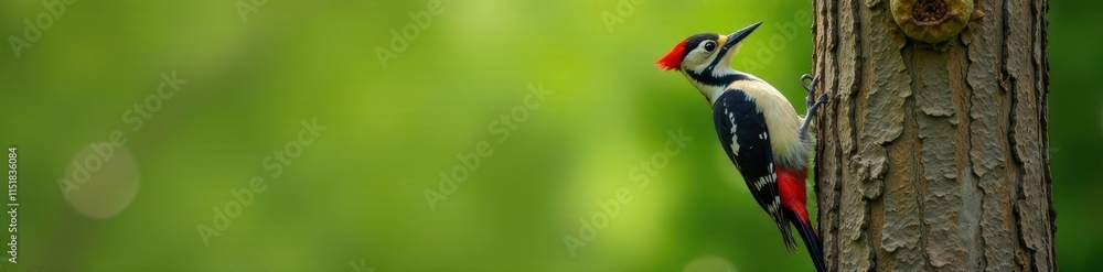 Obraz premium Woodpecker perches on tree trunk, gazing left , tree, nature