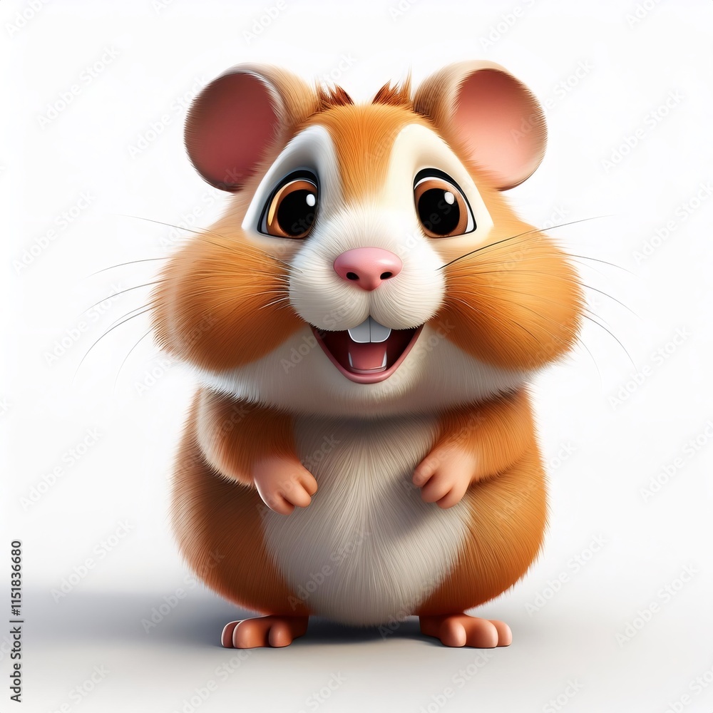 Cartoon hamster standing on white background, smiling widely with cheerful, endearing facial features Cartoon hamster standing on white background, smiling widely with cheerful, endearing facial features