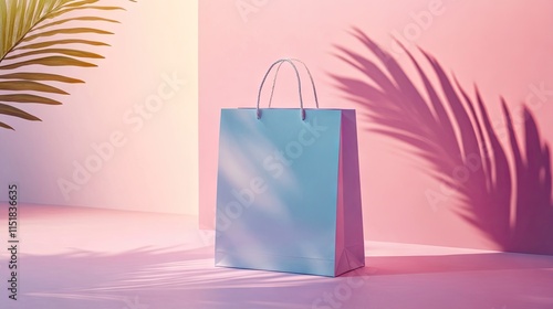 Paper bag on a pastel background, perfect for a mockup display. This versatile paper bag can be used in various designs and contexts, offering ample opportunities for creative composition. photo