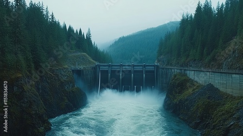 Majestic Hydroelectric Dam Surrounded by Lush Green Forests and Misty Mountains in a Serene Natural Landscape During Overcast Weather photo