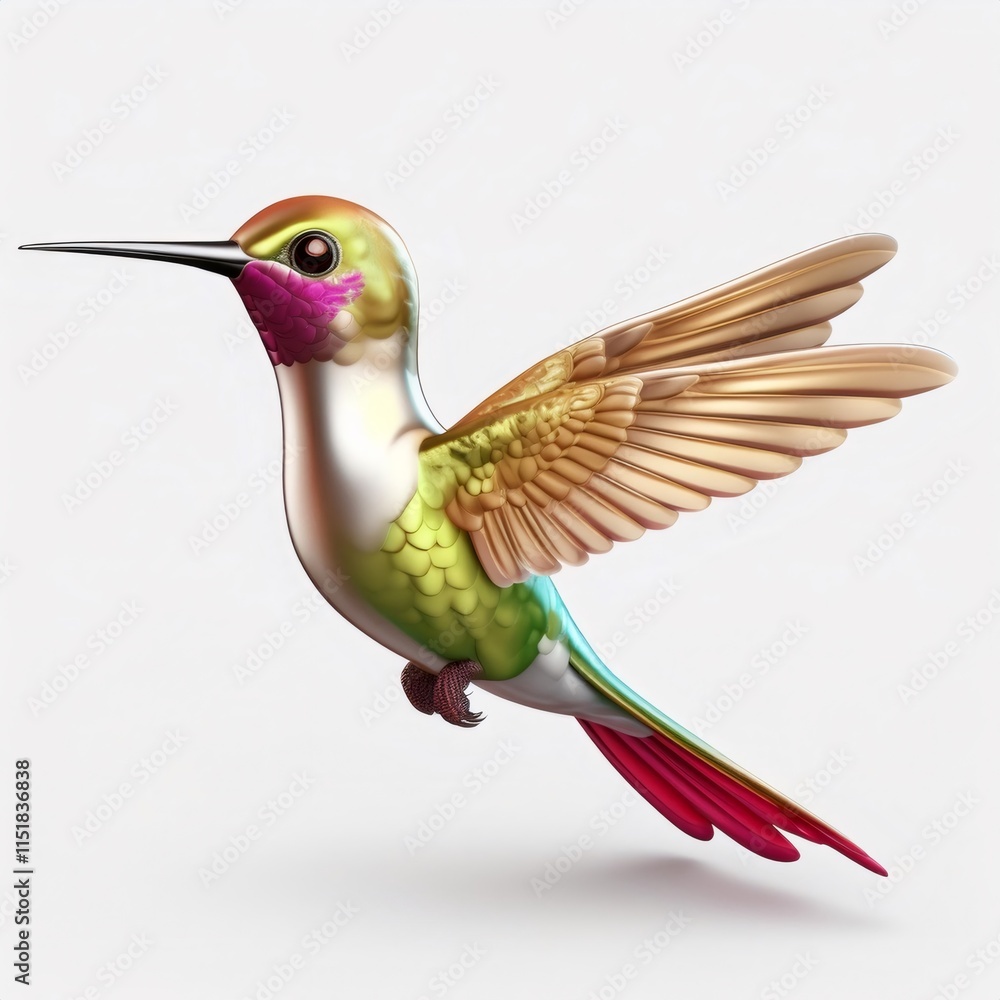 Fototapeta premium 3D cartoon hummingbird flying, with colorful wings and body, isolated on white background