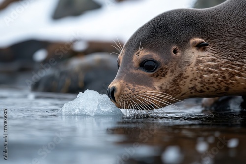 A close-up shot of a seal sniffing a piece of ice, highlighting its intricate features and the vibrant details of its habitat in a serene aquatic environment. photo