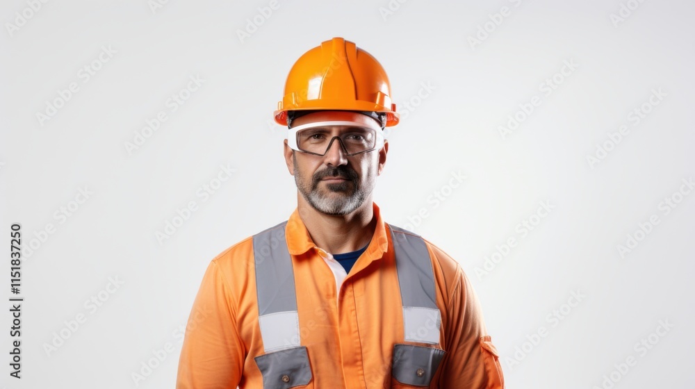 A professional portrait of a construction worker in a hard hat, safety goggles, and high-visibility clothing, holding an orange helmet against a minimalist white backdrop A professional portrait of a construction worker in a hard hat, safety goggles, and high-visibility clothing, holding an orange helmet against a minimalist white backdrop