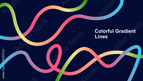 Colorful gradient lines. Abstract rainbow wavy swirl on dark blue background. Flowing spiral strokes
