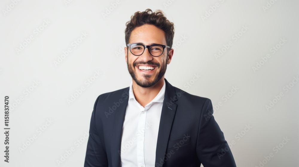 A professional portrait of a young man with glasses and a beard, smiling confidently in a tailored business suit, set against a bright white backdrop A professional portrait of a young man with glasses and a beard, smiling confidently in a tailored business suit, set against a bright white backdrop