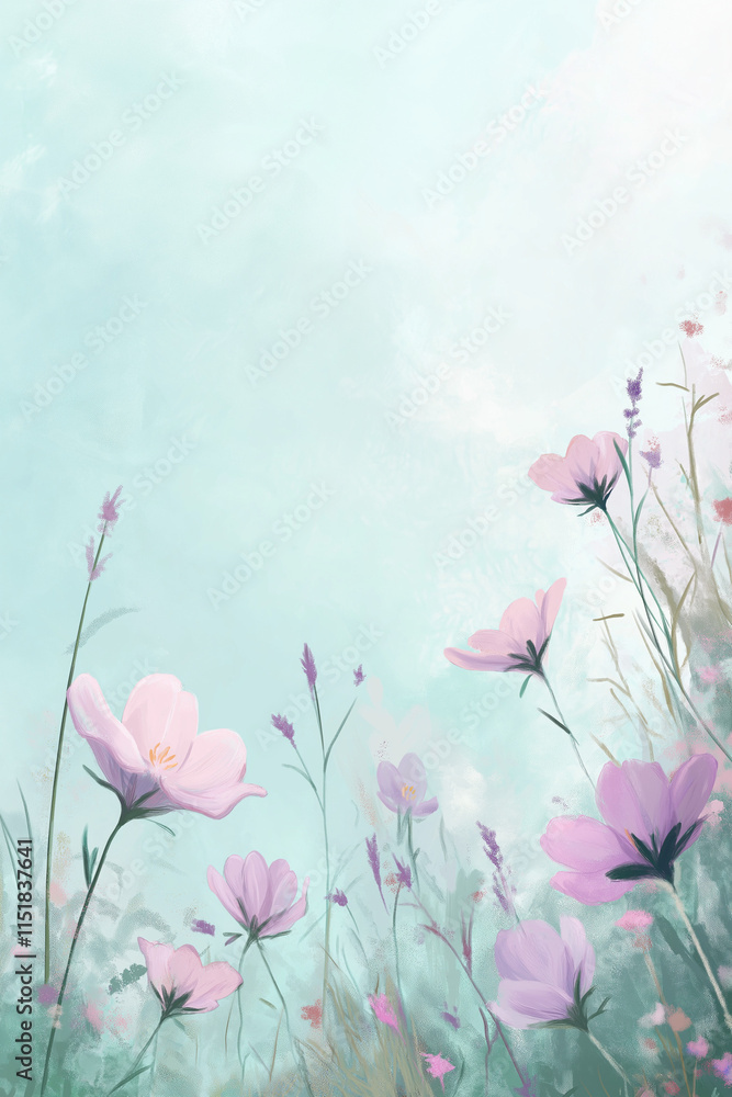 Naklejka premium A dreamy floral illustration of delicate lavender, wild florals and pink blossoms in a soft, painterly style. 