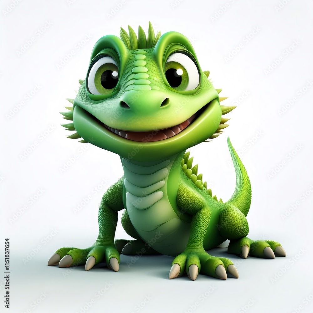 Fototapeta premium Cheerful green cartoon lizard grinning, spreading happiness with playful character design against white background