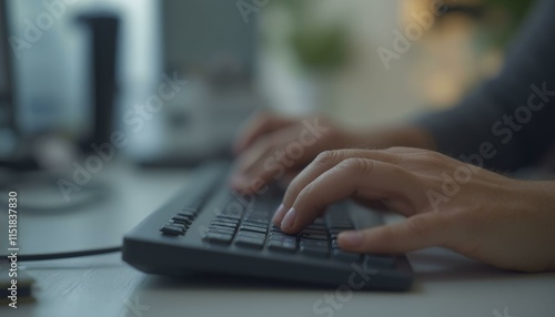 Person typing on a black keyboard in a modern office workspace with soft lighting