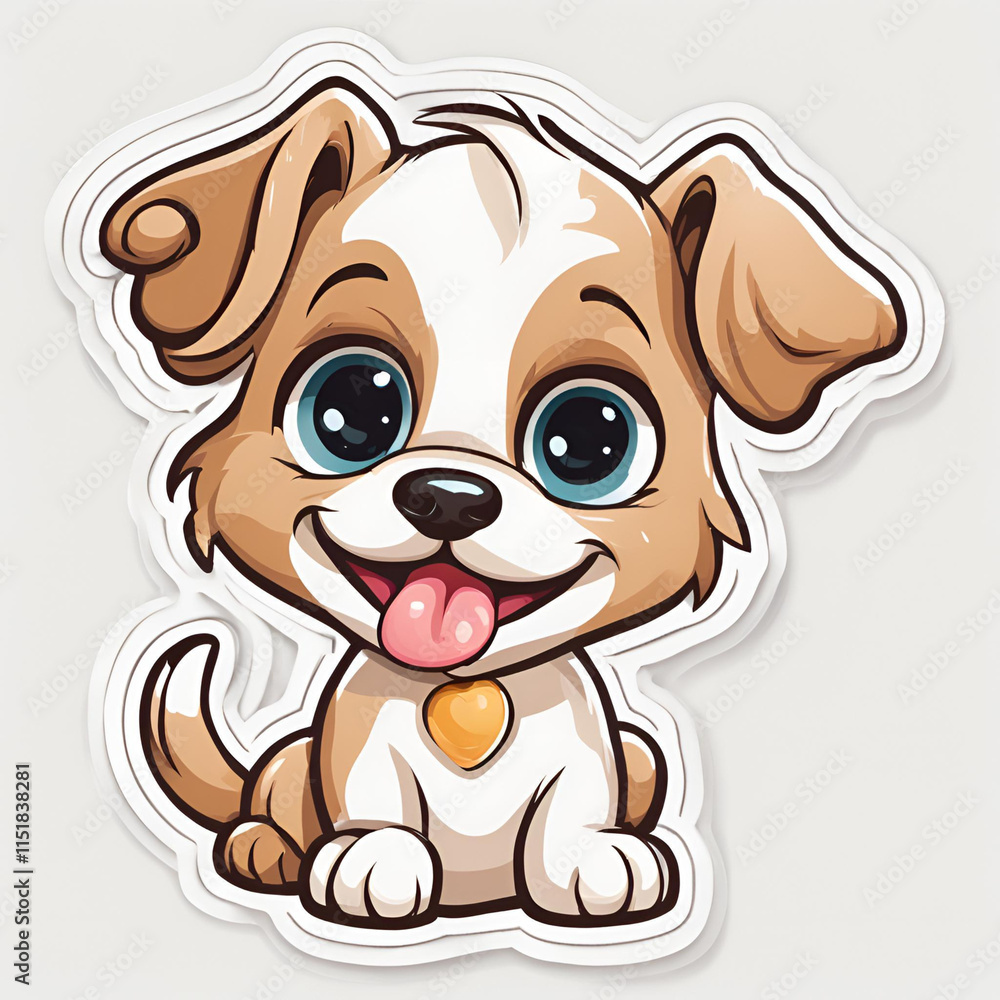 Obraz premium Adorable cartoon puppy with big sparkling blue eyes, floppy brown ears, and a cheerful smile. Perfect for kids' stickers, illustrations, and playful designs.
