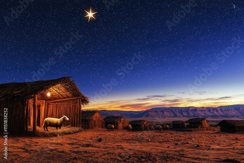 Depicts Jesus in the manger, sheep and star of Bethlehem over the desert with huts, Christmas background, wide panorama, photo-realistic photo