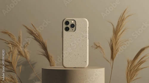 An isolated biodegradable phone case made from sustainable materials, featuring a clean design and earthy tones, placed against a flat background photo