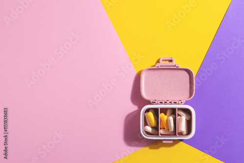 Box for pills and capsules on multicolored background. Pills organizer with medications, minimal medical, health care concept.