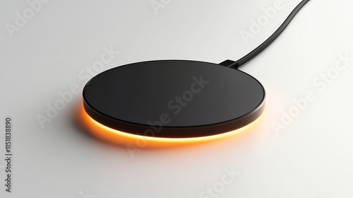 A minimalist wireless charging pad, featuring a sleek design and a subtle glow when in use, isolated on a simple white background photo