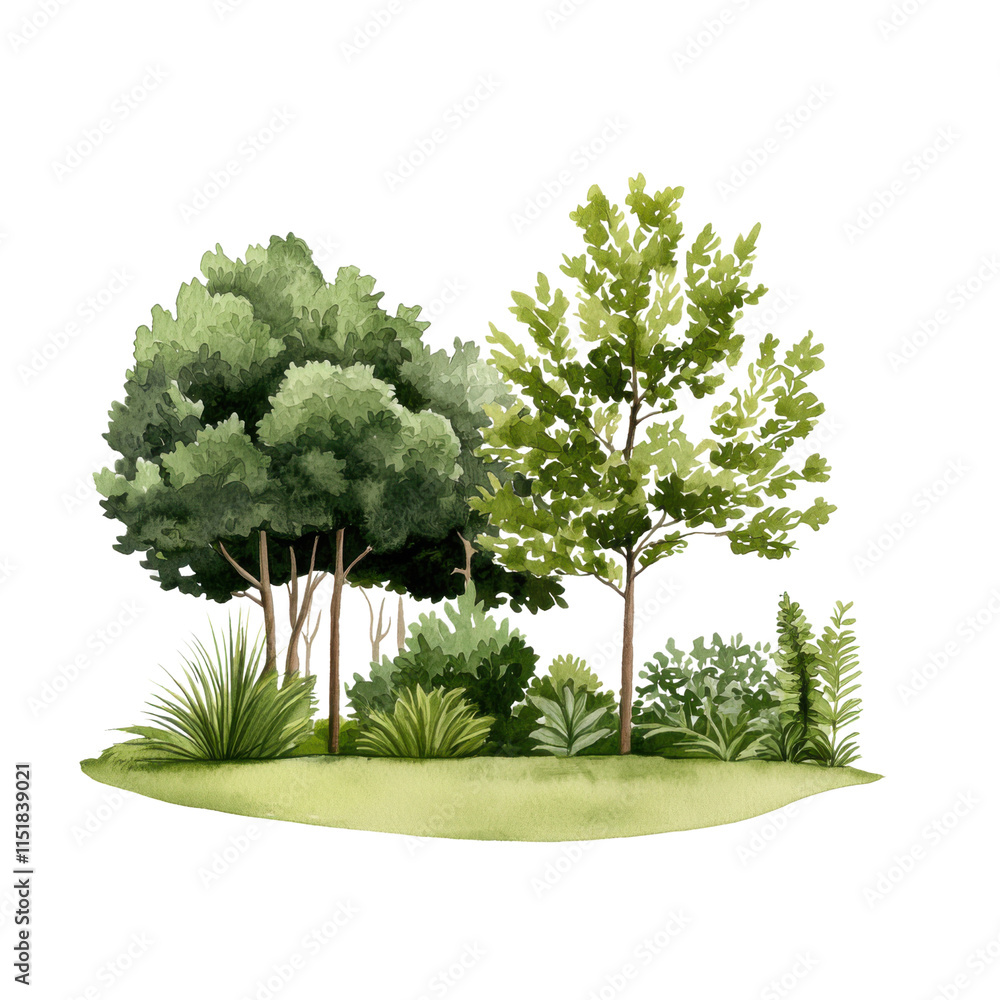 Obraz premium Lush Forest Landscape with Green Trees and Foliage in Watercolor Style Illustration