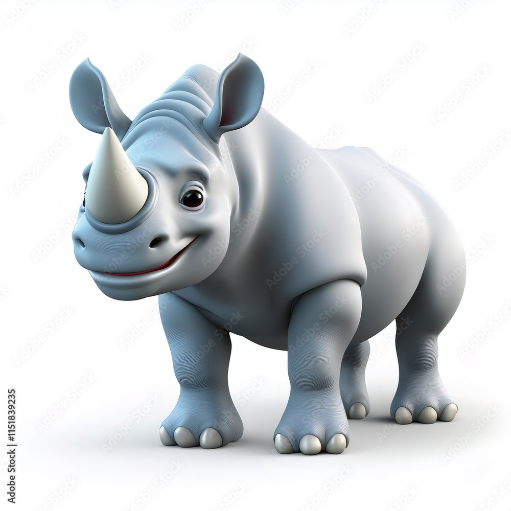 Naklejka premium 3D rendering of a friendly smiling cartoon rhino standing on a white background, full depth of field