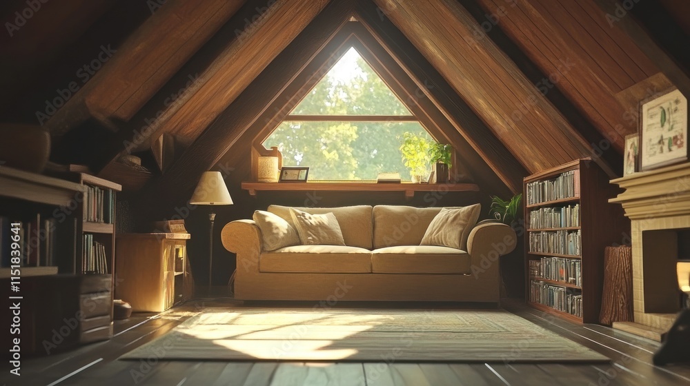 Serene Attic Reading Room: Sunlight Through Triangle Window Illuminates Cozy Interior with Bookshelves and Couches Serene Attic Reading Room: Sunlight Through Triangle Window Illuminates Cozy Interior with Bookshelves and Couches