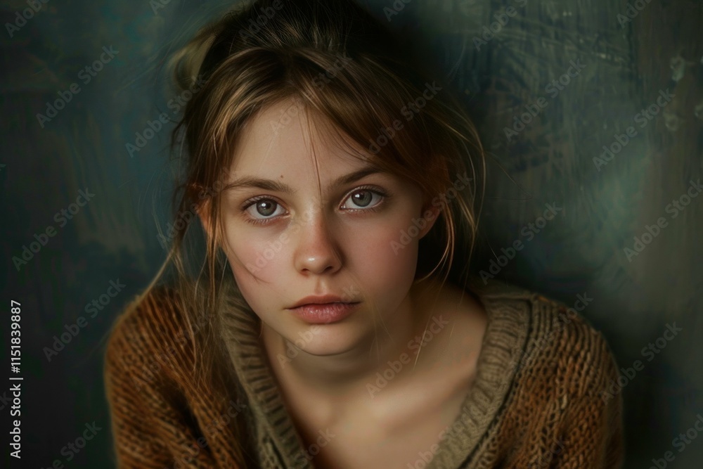 Portrait of a young teenager girl with light brown hair and big eyes wearing a knitted sweater Portrait of a young teenager girl with light brown hair and big eyes wearing a knitted sweater