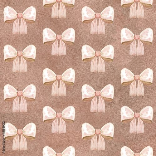 A satin bow, mocha colored ribbon, watercolor seamless pattern on mocha background. Hand drawn design perfect for wrapping paper, textile, background, websites, cards, poster, mother day decor. Pastel