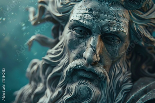 Close up of a weathered poseidon statue, showcasing intricate details and a sense of ancient power