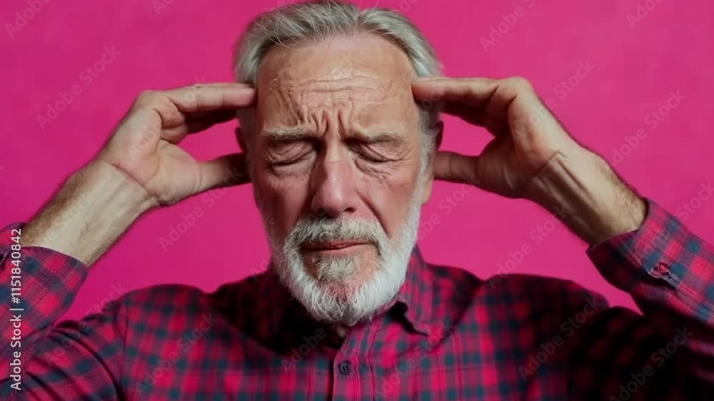 Older man shows signs of stress with closed eyes and hand on temples against bright pink background Older man shows signs of stress with closed eyes and hand on temples against bright pink background