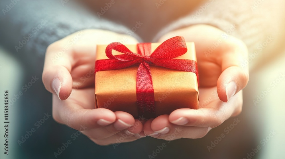 Hand Holding a Gift Box with Red Ribbon Hand Holding a Gift Box with Red Ribbon
