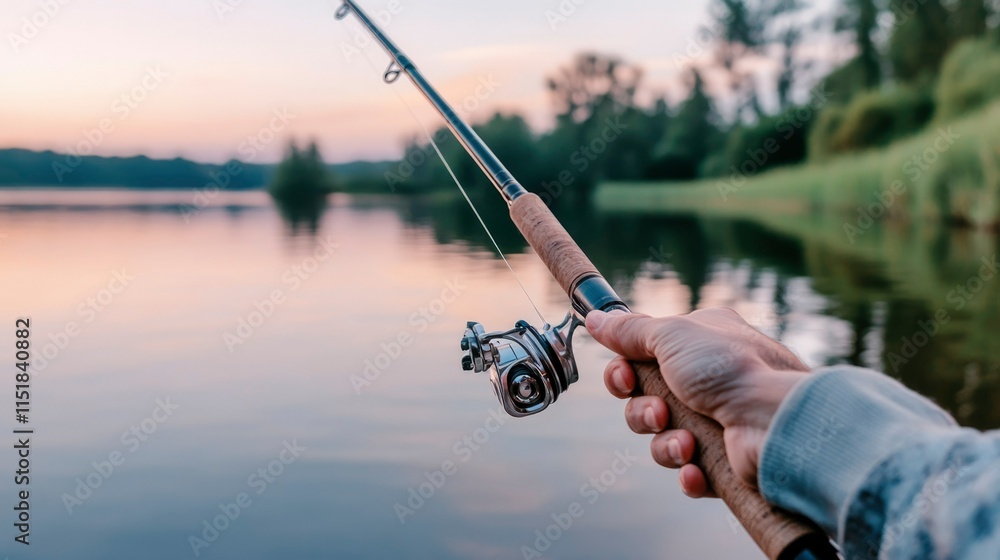 A Person Fishing at Sunset Over a Calm Lake A Person Fishing at Sunset Over a Calm Lake