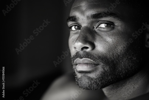 A striking black and white close-up portrait of a man showcasing deep emotions and profound thoughts, highlighted by intricate textures and intense focus on his gaze.