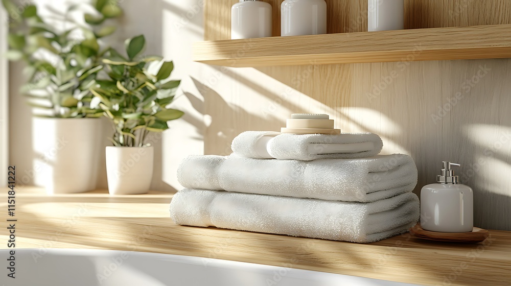 Stack of fresh white towels on wooden surface in bright sunlit bathroom with plants and toiletries.
