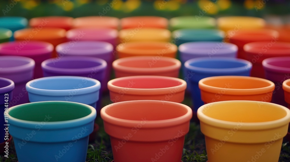 Colorful Pots Arranged In Rainbow Pattern On Grass Colorful Pots Arranged In Rainbow Pattern On Grass