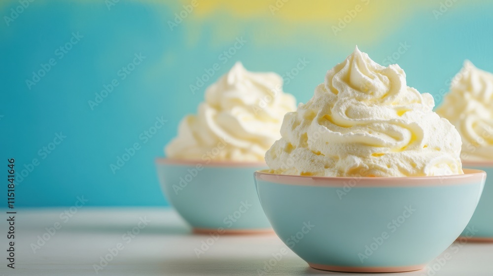 Whipped Cream in Light Blue Bowls Against a Soft Colorful Background Perfect for Bakery and Dessert Themes, Invoking Freshness and Sweetness Whipped Cream in Light Blue Bowls Against a Soft Colorful Background Perfect for Bakery and Dessert Themes, Invoking Freshness and Sweetness