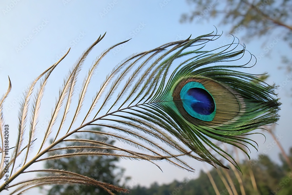Fototapeta premium A vibrant peacock feather with iridescent blue and green hues, showcasing the eye-like pattern near the tip