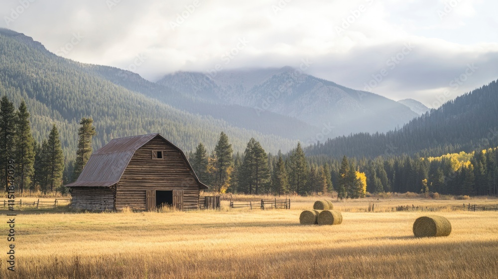 Rustic Barn Hay Bales Mountain Landscape Scene Rustic Barn Hay Bales Mountain Landscape Scene