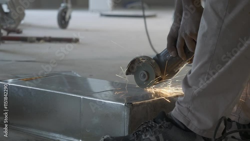 Grinding a ventilation with sparks during office renovation