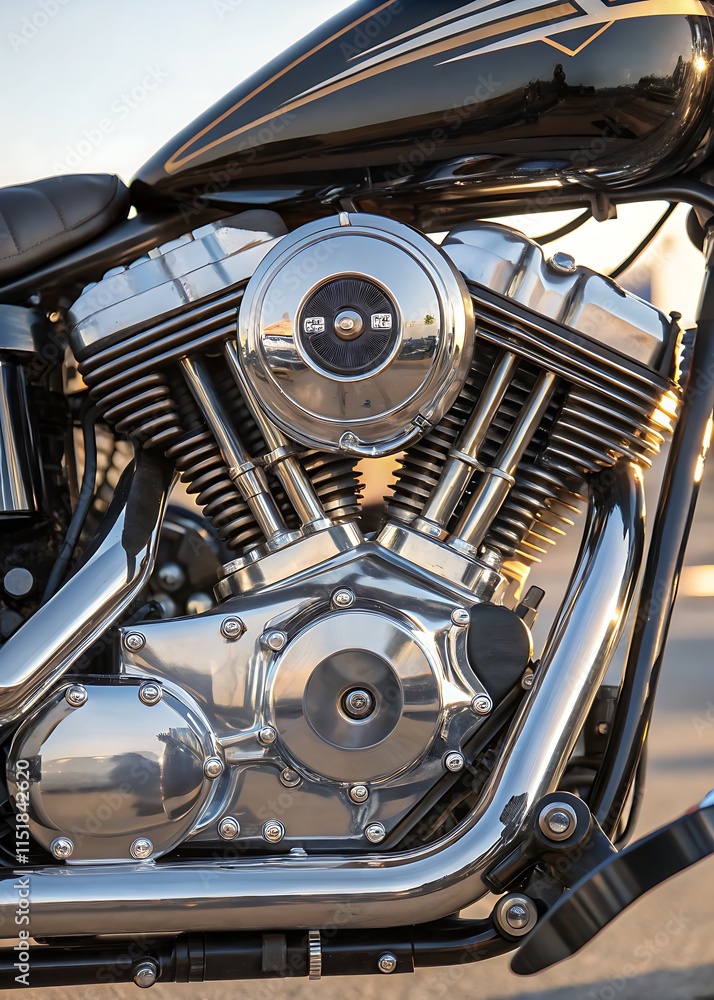 Fototapeta premium Compact and powerful engine, often with single, twin, or multi-cylinder configurations, featuring components like pistons, crankshaft, and valves. It can be a 2-stroke or 4-stroke engine depending on 