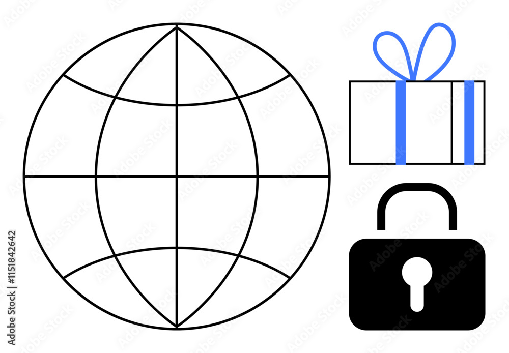 Global sphere, gift box with blue ribbon, and secure padlock. Ideal for international logistics, digital security, global communication, online shopping, data protection, worldwide connectivity Global sphere, gift box with blue ribbon, and secure padlock. Ideal for international logistics, digital security, global communication, online shopping, data protection, worldwide connectivity