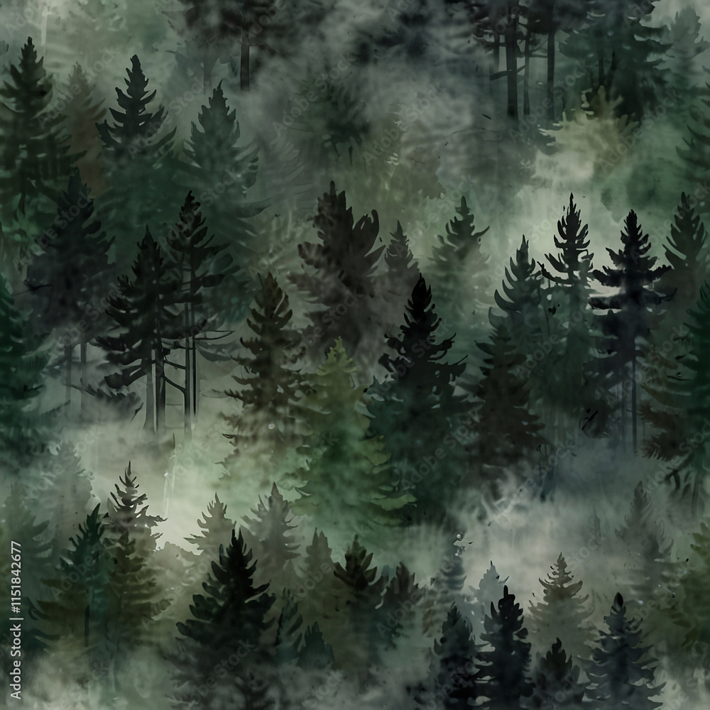 Obraz premium Quiet Green Forest Path in Watercolor with Layers of Fog Enveloping Majestic Trees Framing a Peaceful and Mystical Walk Through the Forest
