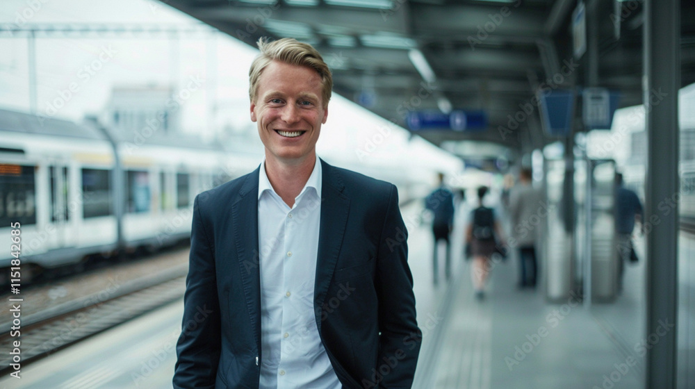 Travel, professionalism, and urban lifestyle concept. Man in suit standing on train platform, waiting for train, ready for a business trip. Efficiency, preparation, and modern transportation Travel, professionalism, and urban lifestyle concept. Man in suit standing on train platform, waiting for train, ready for a business trip. Efficiency, preparation, and modern transportation