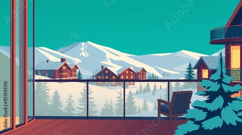 Colorful illustration of a luxury ski resort balconyview overlooking snowy mountains and cozy cabins, winter style photo