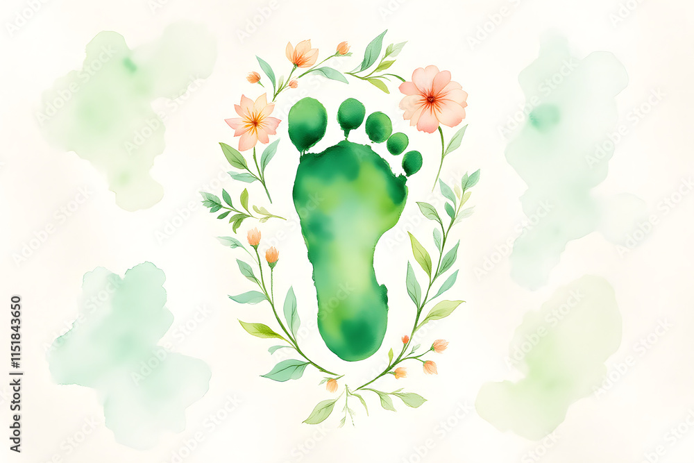 Fototapeta premium Watercolor Painting of Green Footprint Surrounded by Floral Elements, Soft Pastel Shades, Organic and Peaceful Mood with Textured Paper Background