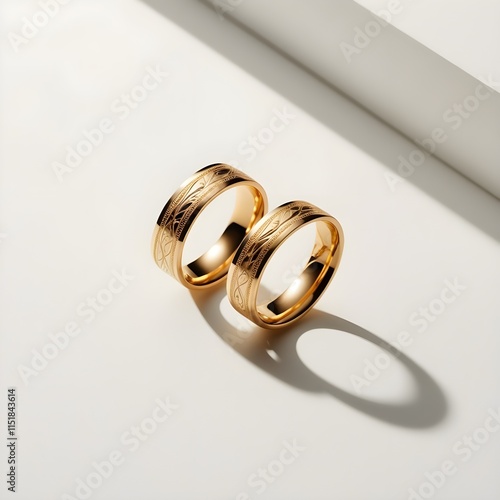 Two exquisite golden wedding rings with intricate engravings and a refined texture, placed side by side on a pristine white background. Subtle shadows add depth, while the warm gold tones contrast ele