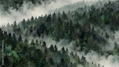 Soft Watercolor Illustration of a Green Forest Path Covered in Fog Framing the Trees with Peaceful Hues of Green and Misty Air photo