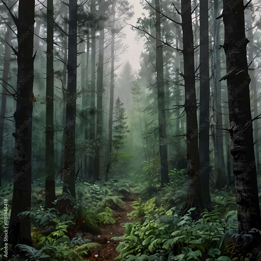 Obraz premium Tranquil Watercolor Green Forest with Soft Fog and Misty Trees Framing a Peaceful Path into the Wilderness